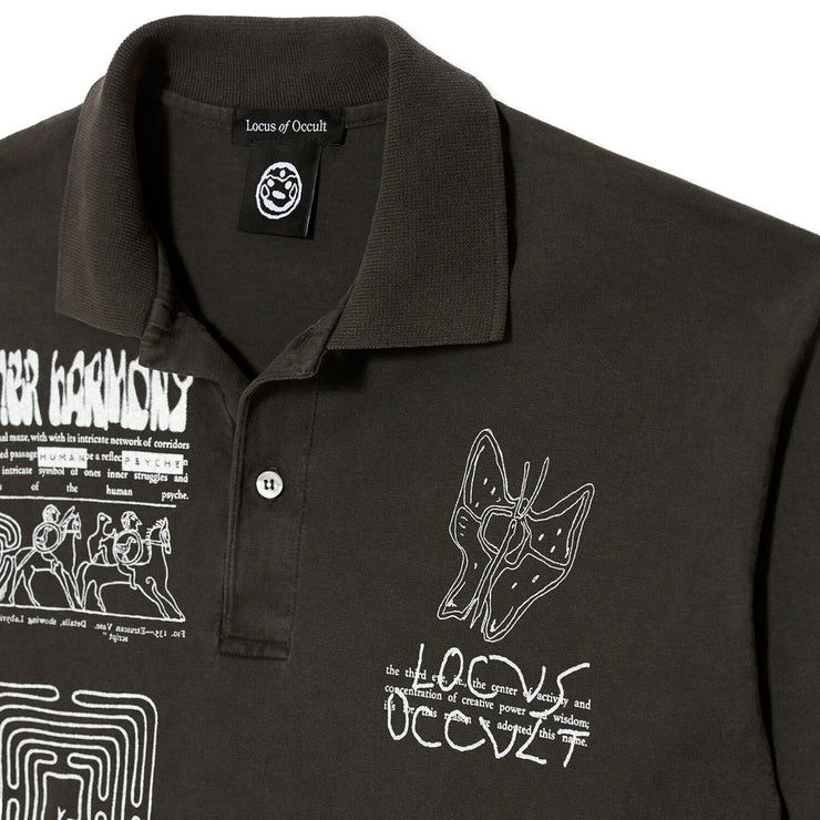 Oversized long sleeve graphic polo. 100% cotton heavyweight tee, made in the USA. Screen-printed in NYC. Locus Occult, labyrinth polo