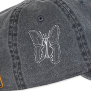  Washed charcoal cotton baseball, dad cap. Embroidery on the sides. Locus Occult. Labyrinth embroidery on front, butterfly on side, Locus Occult on back.