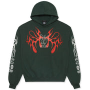 Locus Occult graphic oversized boxy hoodie. Red and white screen-printed artwork over emerald green hoodie. Butterfly and tattoo blood design on front.