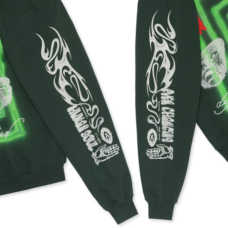 Locus Occult graphic oversized boxy hoodie. Red and white screen-printed artwork over emerald green hoodie. Graphics through out