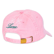 NYC based graphic apparel streetwear brand Locus Occult new hat, pink low profile dad baseball cap with embroidered Y2K flames surrounding occult on front and two cheeky dancing devils embroidered on back. Ivory and emerald green embroidery on washed bubblegum pink.