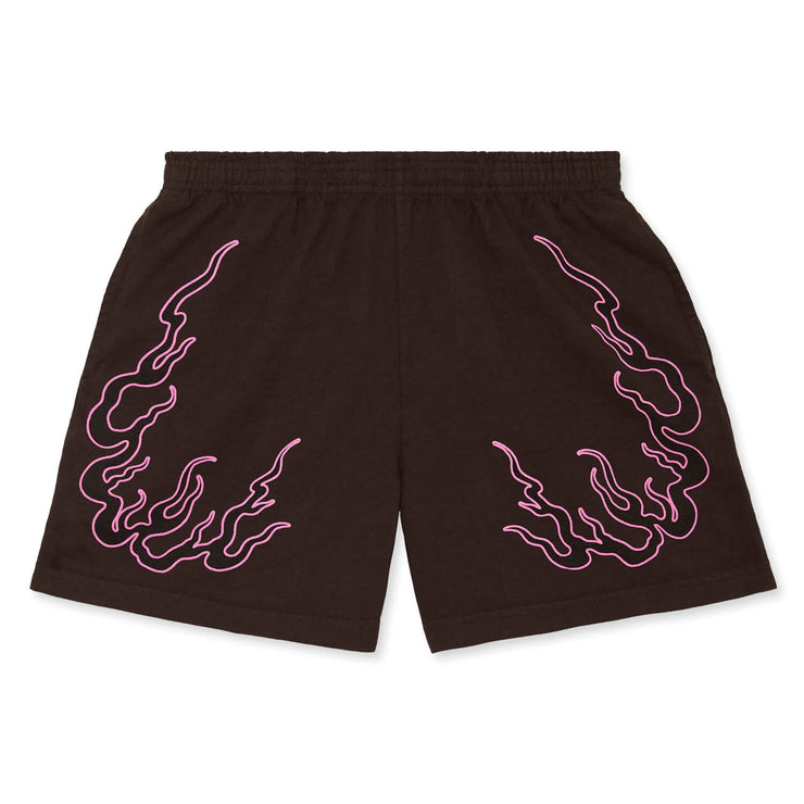 y2k aesthetic, pink flames printed on chocolate brown shorts, pink horses and embroidered logo on back, horsegirl, locus occult, streetwear, graphic apparel