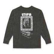 Locus Occult vintage black oversized graphic tee. Long sleeve, rib knit crewneck and cuffs. Logo, text, and graphics printed throughout. 100% cotton garment dyed heavyweight t shirt, made in the USA. Screen-printed in NYC.